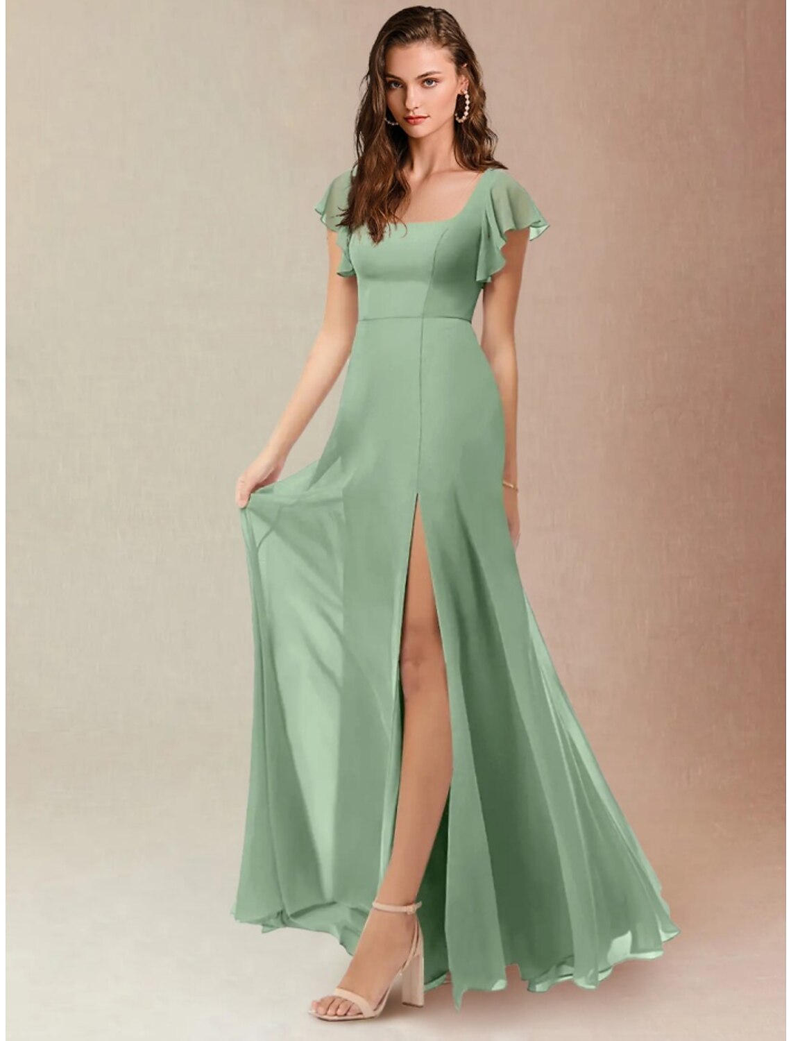 Luolandi A-Line Bridesmaid Dress Square Neck Short Sleeve Elegant Floor Length Chiffon with Split Front